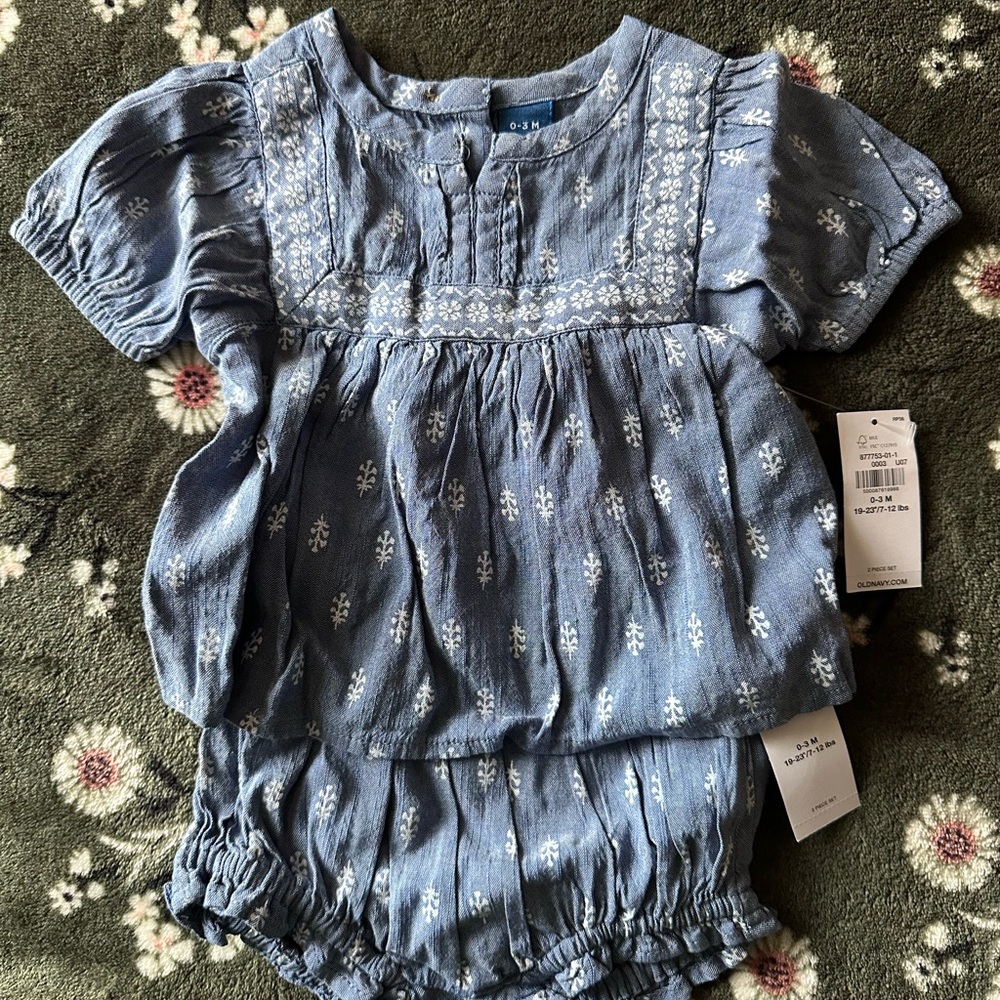Blue with White Floral Baby Top & Bloomers Set